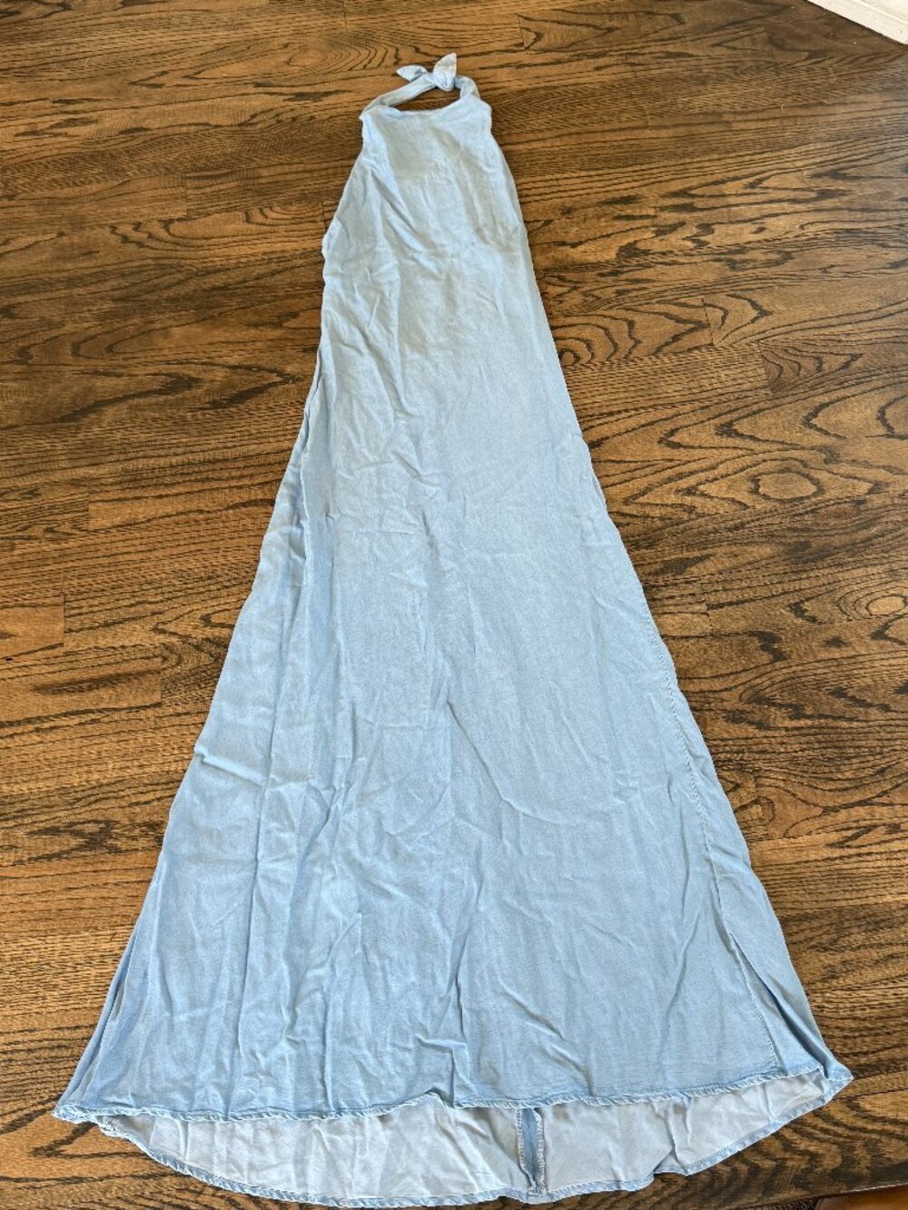 Zara Halter Neck Light Blue Long Denim Cotton Dress Sz Small NWT $59